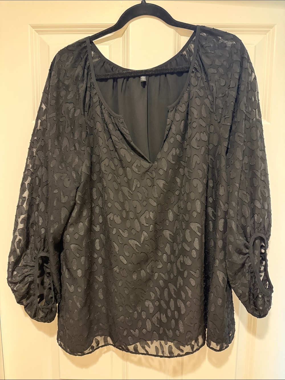 White House Black Market Black Semi-Sheer Textured V-Neck Blouse